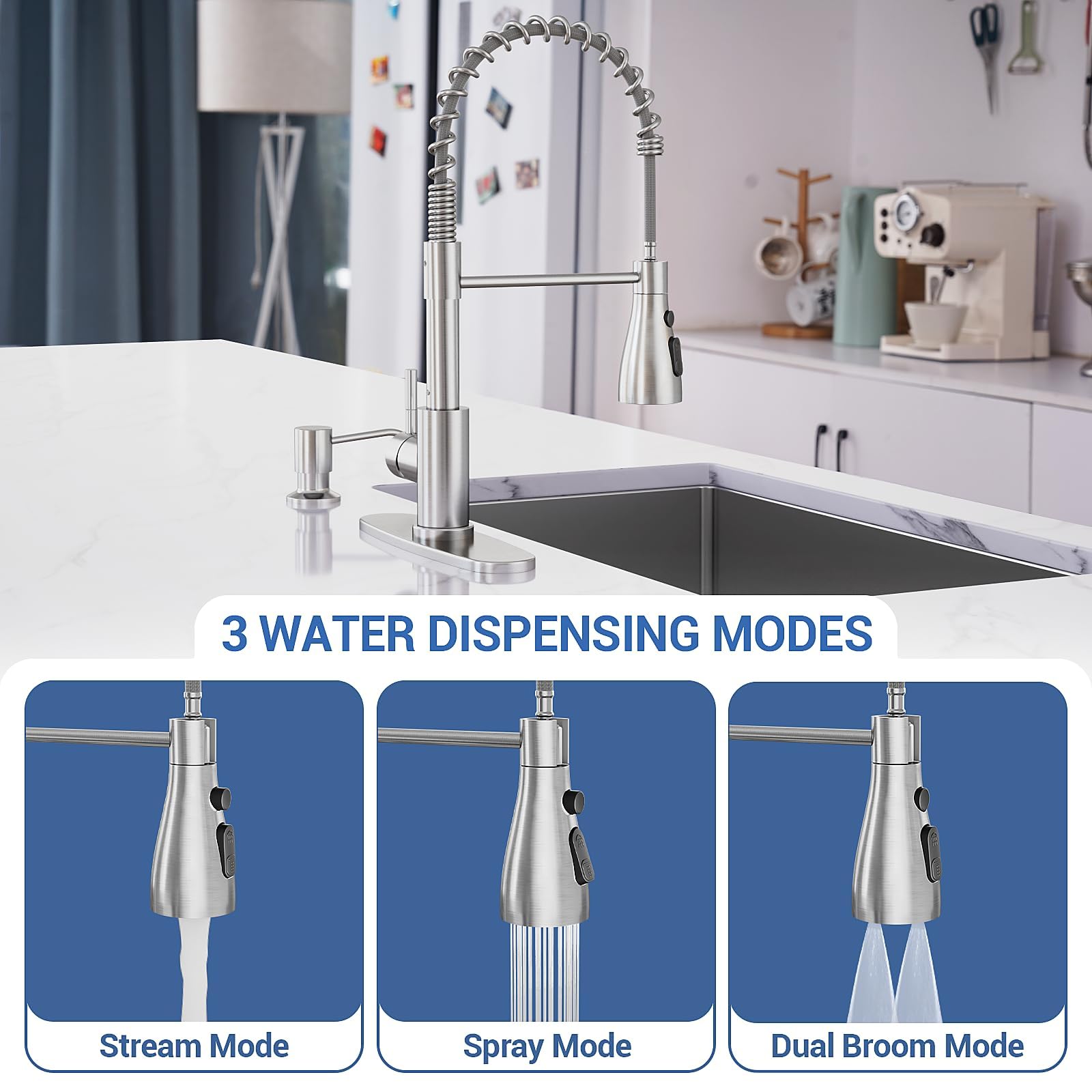Appaso Touchless Kitchen Faucet, 3 Modes Smart Motion Sensor Kitchen Faucet With Pull Down Sprayer, Brushed Nickel Activated Fau
